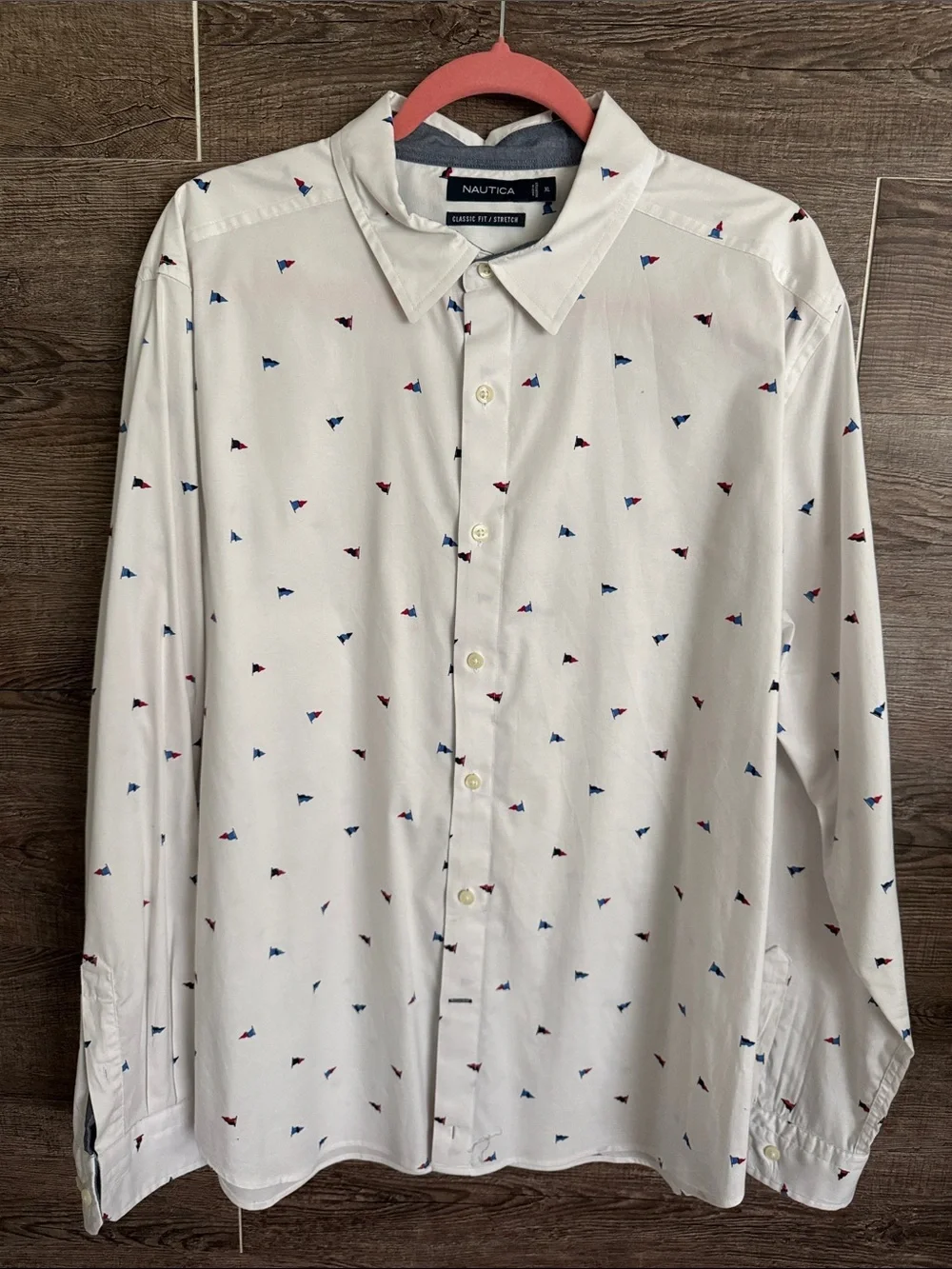 Nautica White Long-Sleeve Button-Down Shirt with Blue & Red Micro Flags